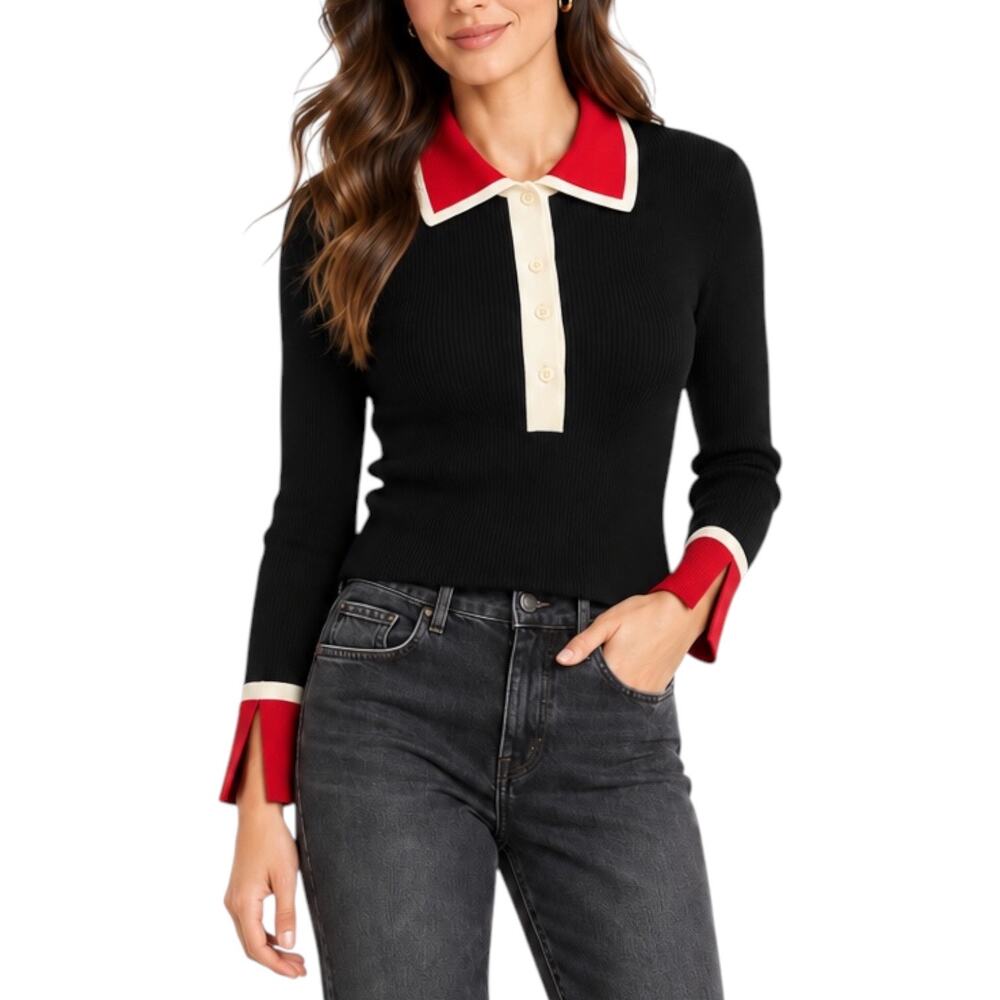 Alice + Olivia Wool Blend Colorblock Polo Sweater Black Red Size S